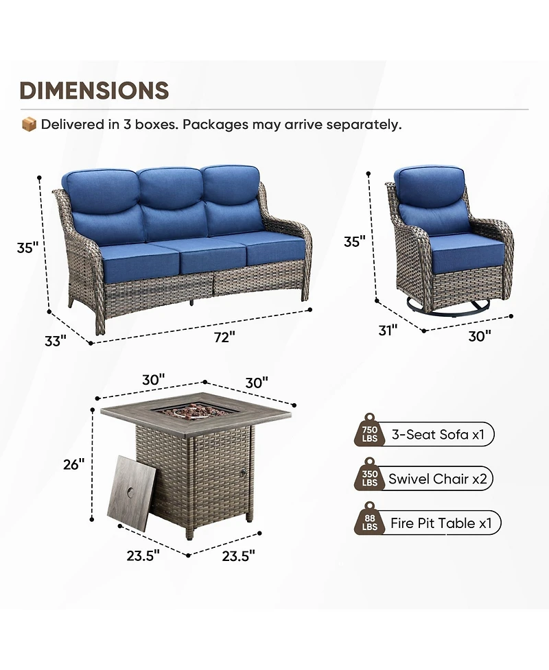 Gymojoy 4 Piece Patio Furniture Set with Fire Pit Table, Swivel Rocker Chair, Seat Sofa, Seats Outdoor Conversation for Lawn Garden Backyard