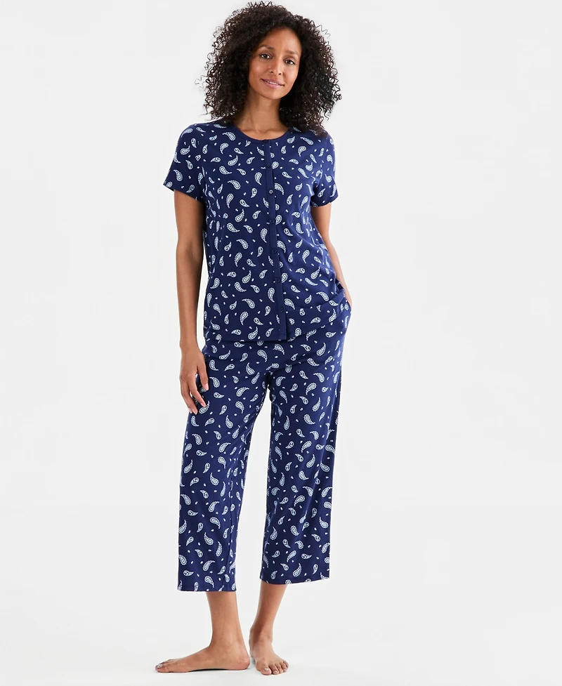 Charter Club Women's 2-Pc. Cotton Printed Cropped Pajamas Set
