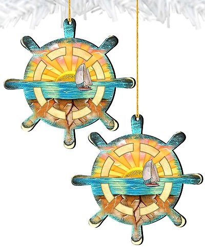 Designocracy Captains Wheel Wooden Ornaments Set of 2