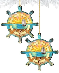 Designocracy Captains Wheel Wooden Ornaments Set of 2