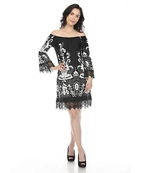 White Mark Women's Off-The-Shoulder Printed Bell-Sleeve Lace Hem Dress