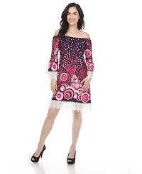 White Mark Women's Off-The-Shoulder Printed Bell-Sleeve Lace Hem Dress