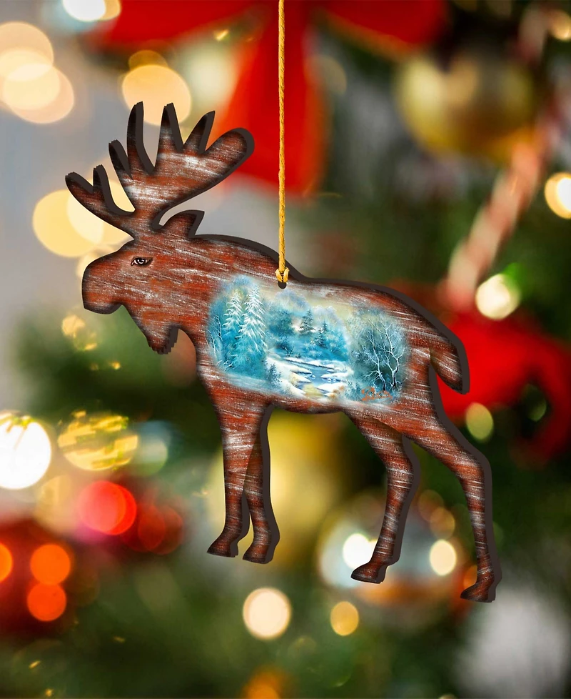 Designocracy Woodsy Moose Scenic Wooden Christmas Ornament Set of 2