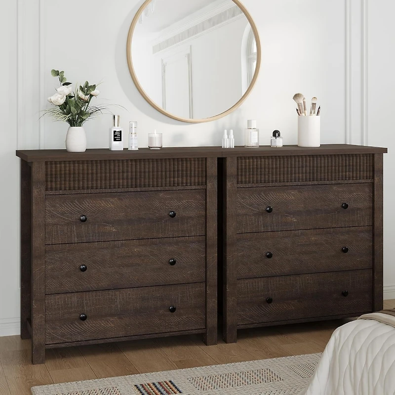 3-Drawer Fluted Nightstand Dresser, Wooden Storage Chest with Anti-Tip Kit for Bedroom, Living Room & Hallway