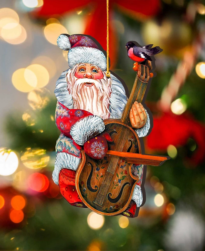 Designocracy Violin Santa Wooden Christmas Ornament, Set of 2