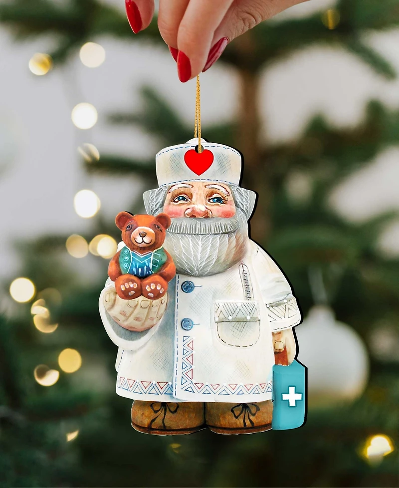 Designocracy Teddy Bear Doctor Wooden Christmas Ornament, Set of 2