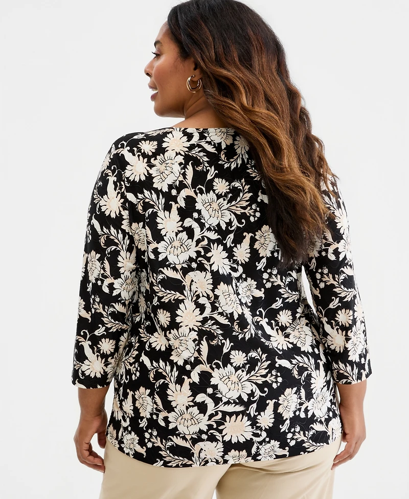 Jm Collection Plus Bold Floral Scroll 3/4-Sleeve Jacquard Top, Macy's Exclusive