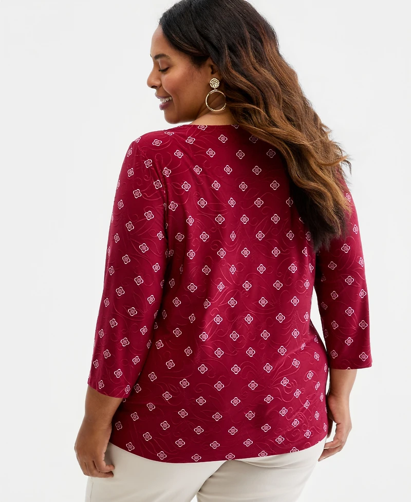 Jm Collection Plus Sofia Tile 3/4-Sleeve Jacquard Top, Macy's Exclusive