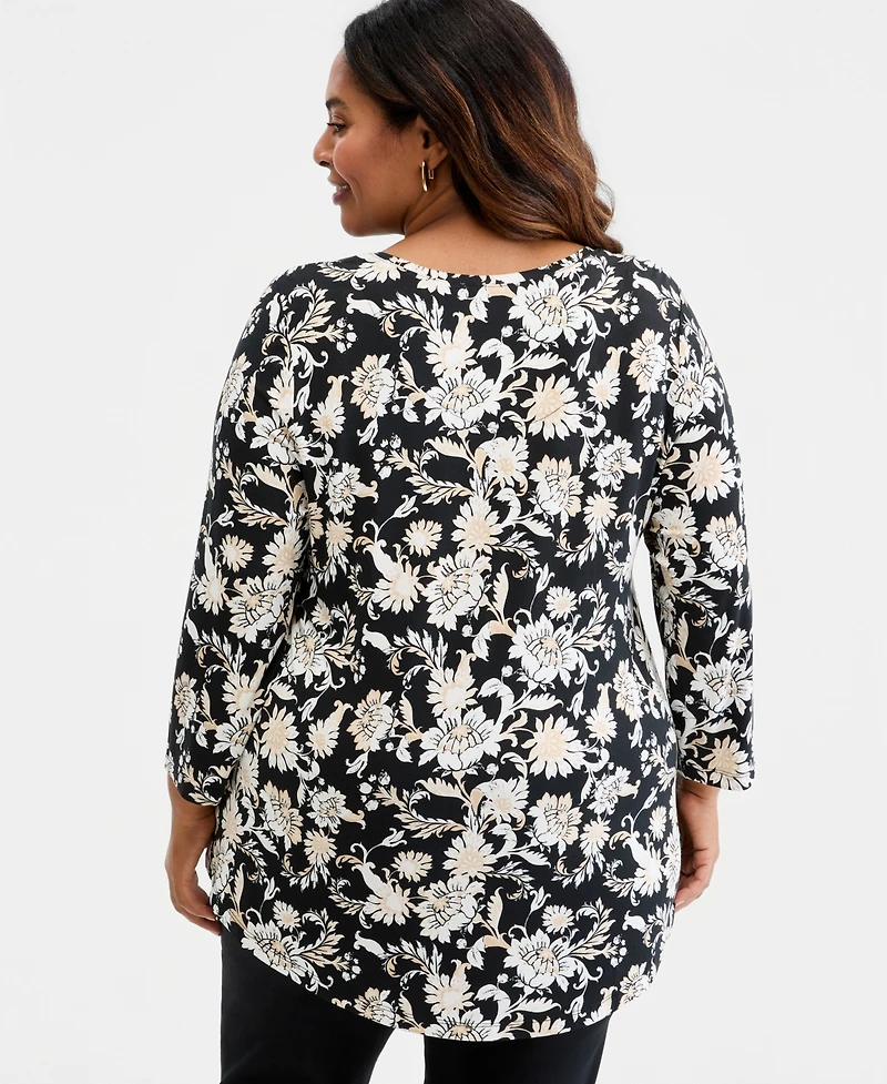 Jm Collection Plus Bold Floral Scroll 3/4-Sleeve Top, Macy's Exclusive