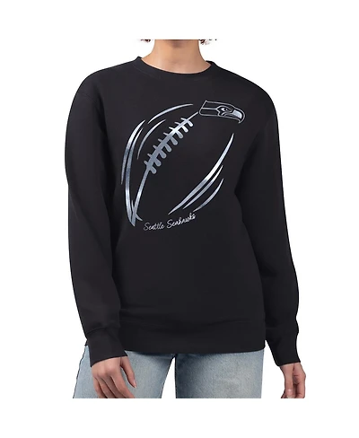 G-iii 4Her by Carl Banks Women's Black Seattle Seahawks Metallic Print Football Sketch Fleece Crewneck Sweatshirt