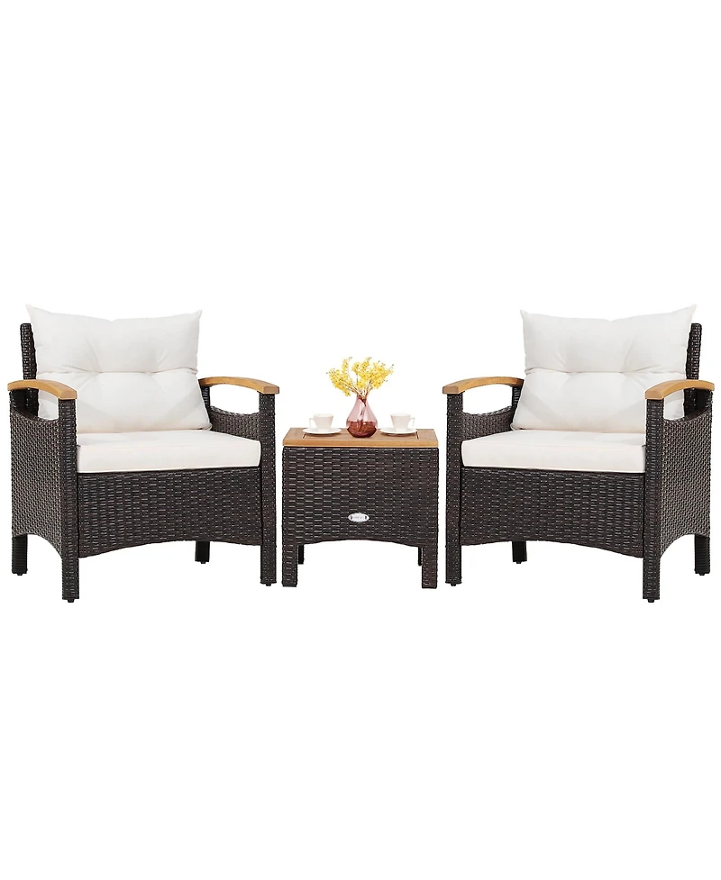 3PCS Patio Rattan Furniture Set Wooden Armrest Table Top Cushioned