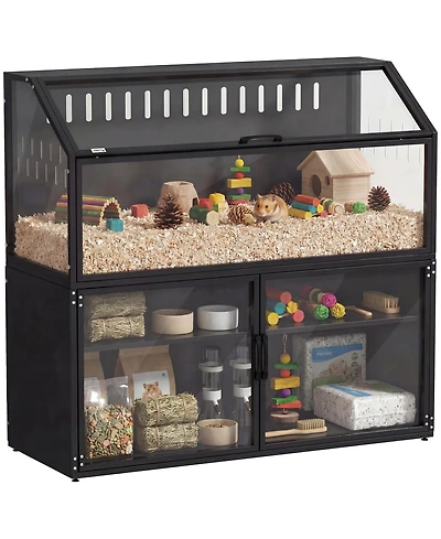 PawHut Hamster Cage with Storage Cabinet, Small Animal Cage with Acrylic Panels