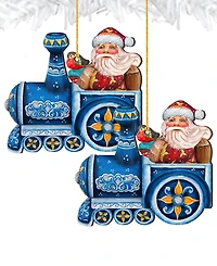 Designocracy Train Riding Santa Wooden Christmas Ornament Set of 2