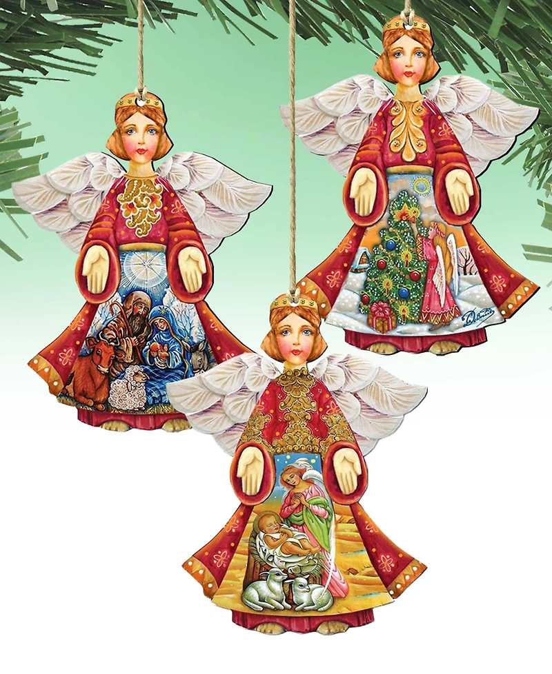 Designocracy Guardian Angel Wood Ornament, Set of 3