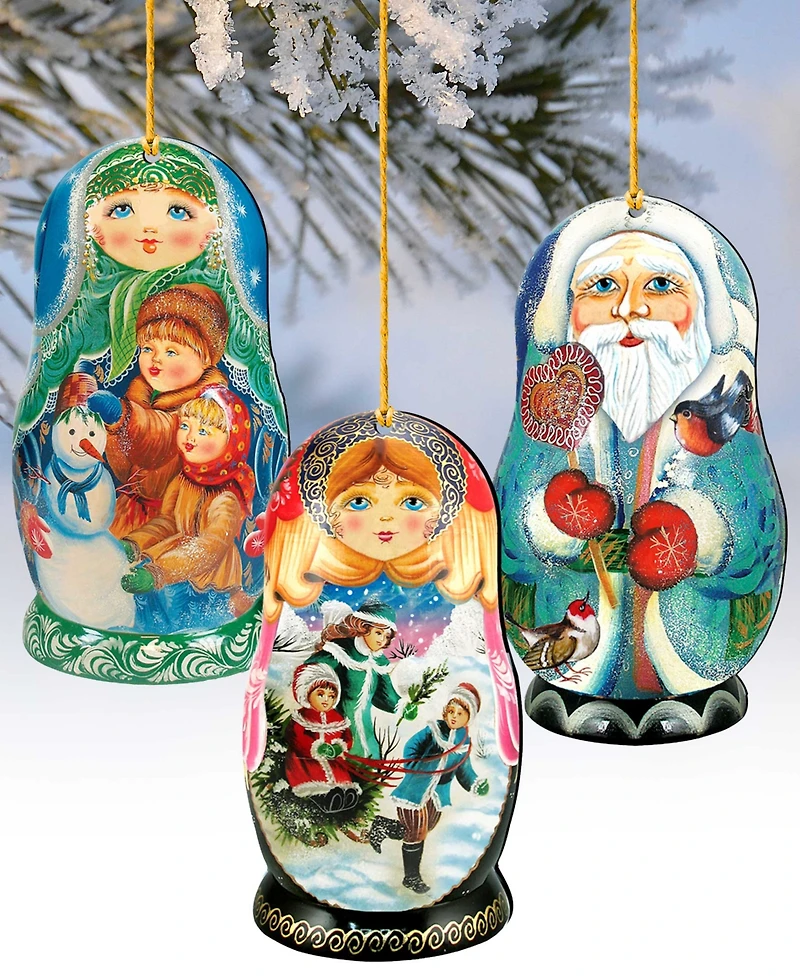 Designocracy Winter Play Dolls Wooden Ornaments, Set of 3