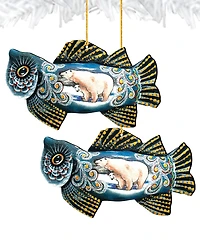 Designocracy Frosty Fish Wooden Christmas Ornament Set of 2