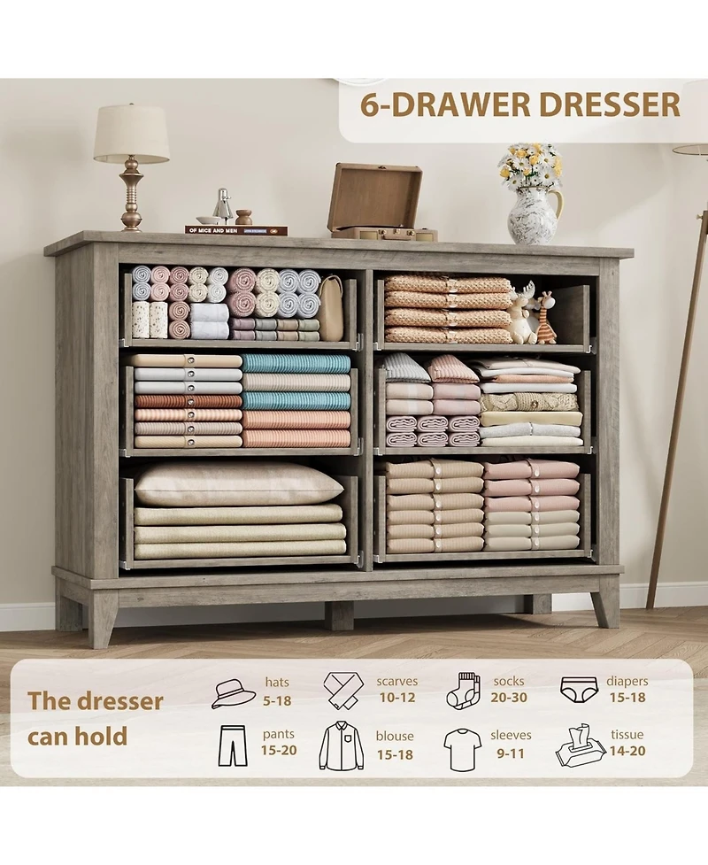 Gaomon 6-Drawer Black Bedroom Dresser, 47" Wide Freestanding Chest with Storage, Wooden Closet Organizer for Living Room, Bedroom, Entryway