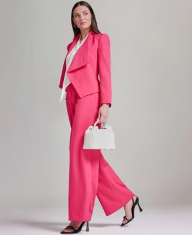 Womens Open Front Collared Jacket Belted Wide Leg Pants