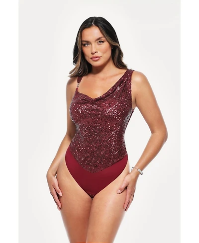 Popilush Women's Sequin Cowl Neck Chain Detail Sculpting Bodysuit