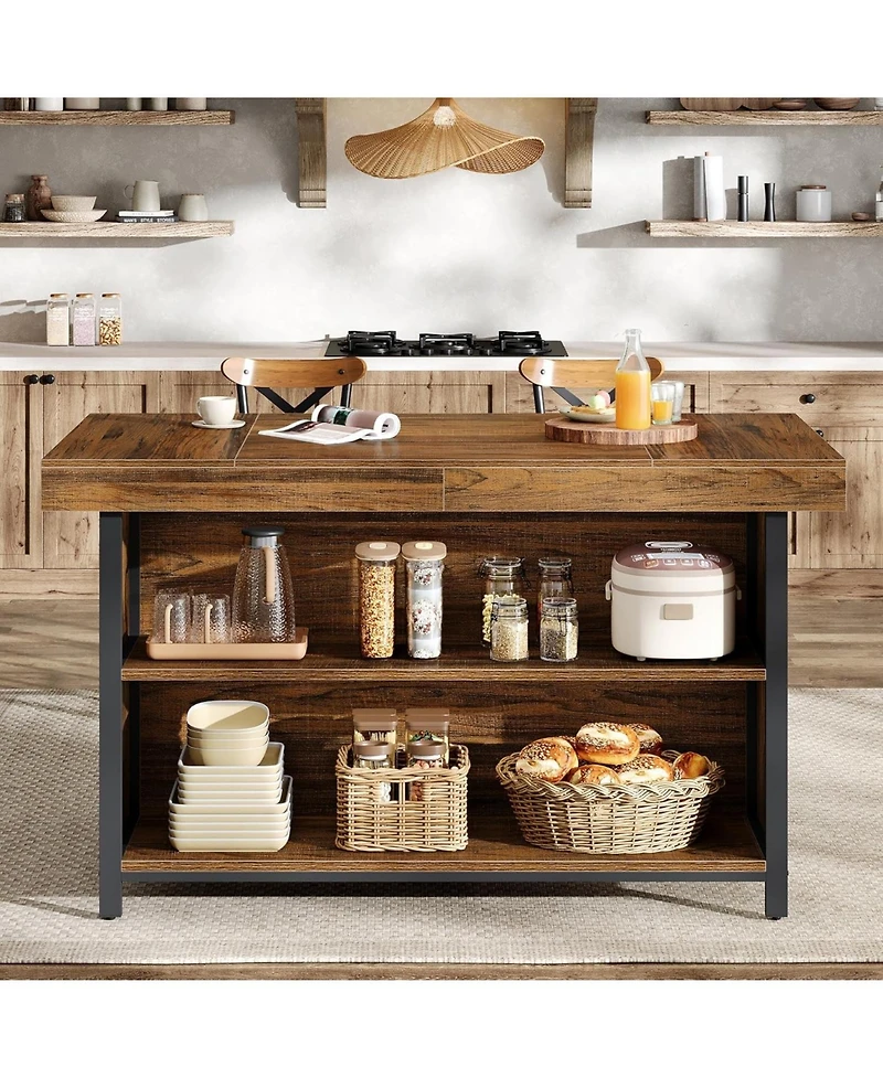 Tribesigns 55" Wood & Metal 3-Tier Storage Feature Kitchen Island Table