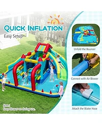 Mecale Inflatable Double Water Slide Park with Obstacle Course, 735W Blower Included