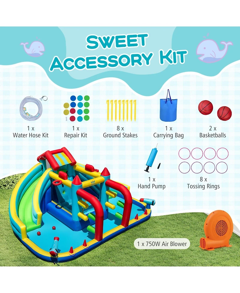 Mecale Inflatable Double Water Slide Park with Obstacle Course, 750W Blower Included