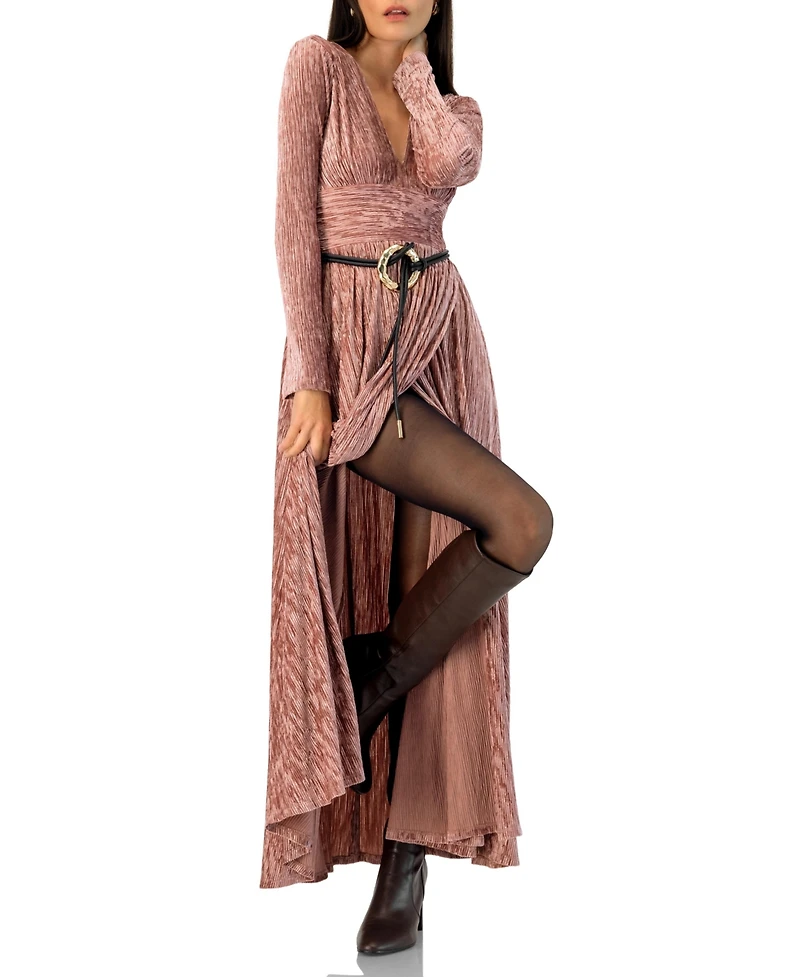 Ivonne Women's Long Velvet Pleated V-Neck Dress