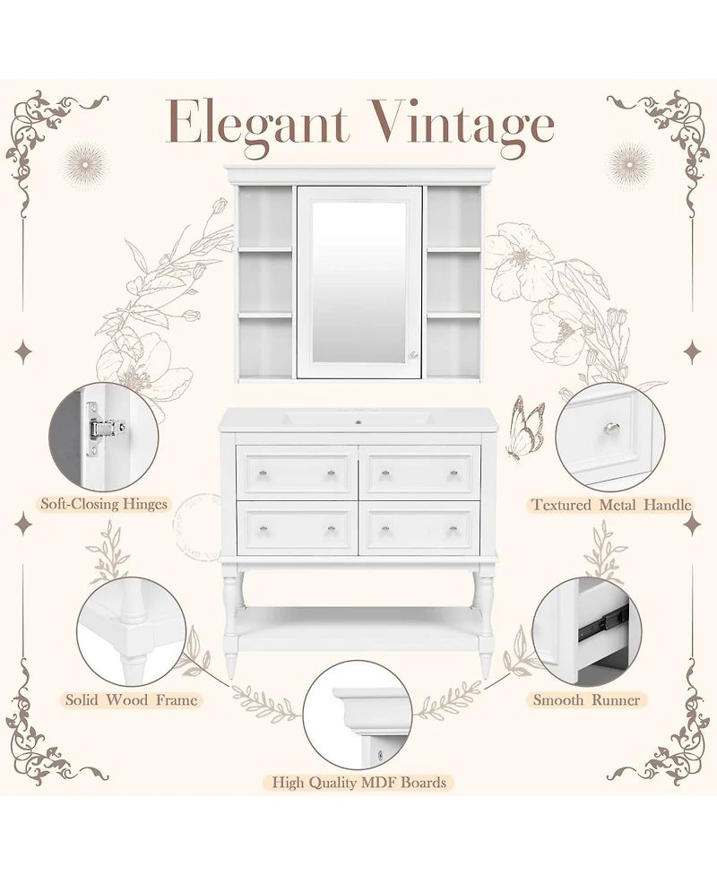 Sillysis 36'' Luxury Bathroom Vanity Set with Mirror Cabinet, Solid Wood & Mdf, Large Storage Shelf for Modern Bathrooms