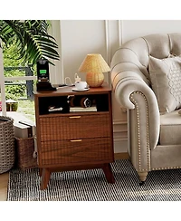 gaomon Modern Fluted Wood Nightstand with 2 Drawers, Open Shelf and Charging Station