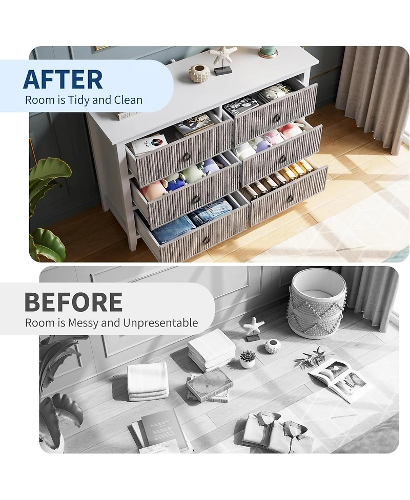 gaomon 6 Drawer Fluted Dresser for Bedroom, Modern Wave Panel Chest with Round Handles, Wood Storage Organizer, 47.2" Wide