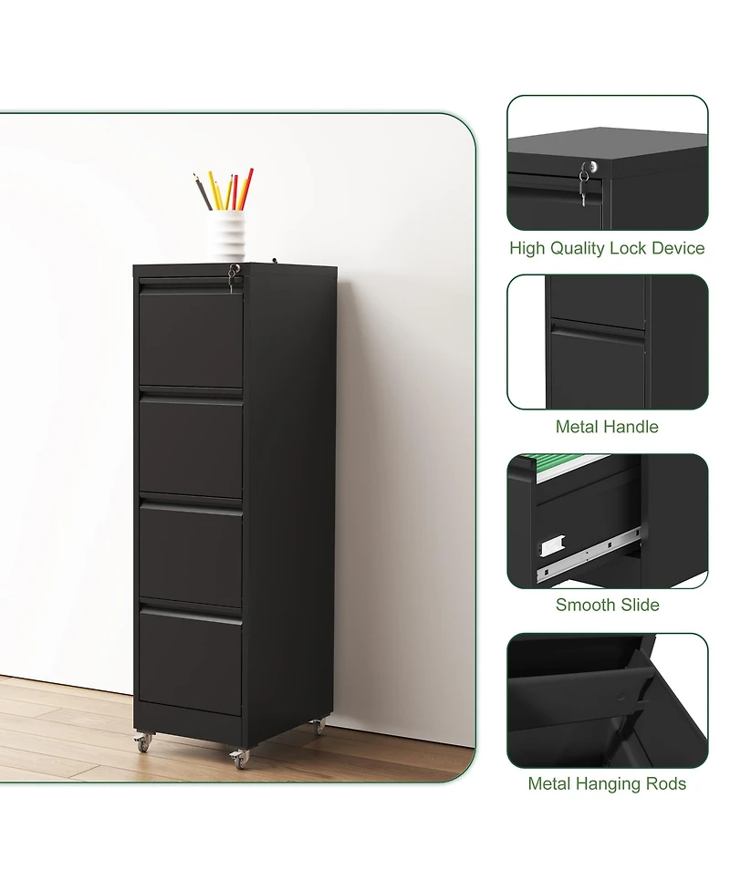 Rainsken 4 Drawer Locking Vertical File Cabinet on Wheels