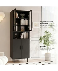 Yigii Glass Door Bookshelf 5-Tier Display Cabinet Narrow Storage Bookcase