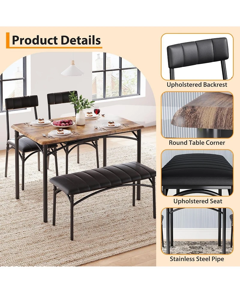 gaomon 4-Piece Rectangular Wood Dining Table Set with 2 Chairs and Upholstered Bench.