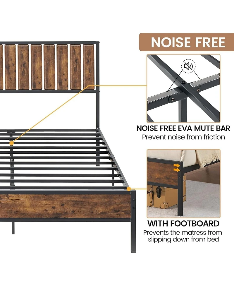 gaomon Rustic Full Bed Frame With Headboard Metal Platform Farmhouse Heavy Duty No Box Spring Easy Storage