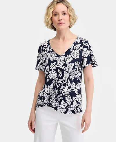 Jm Collection Women's Printed Short Sleeve V-Neck Twist-Front Top, , Macy's Exclusive