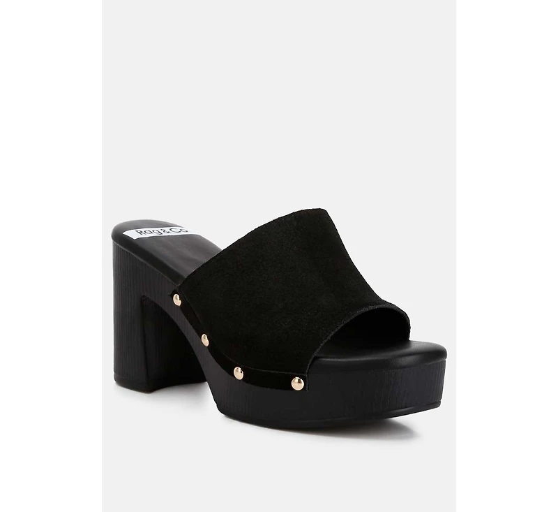 Cartera Suede High Block Heel Clogs Black