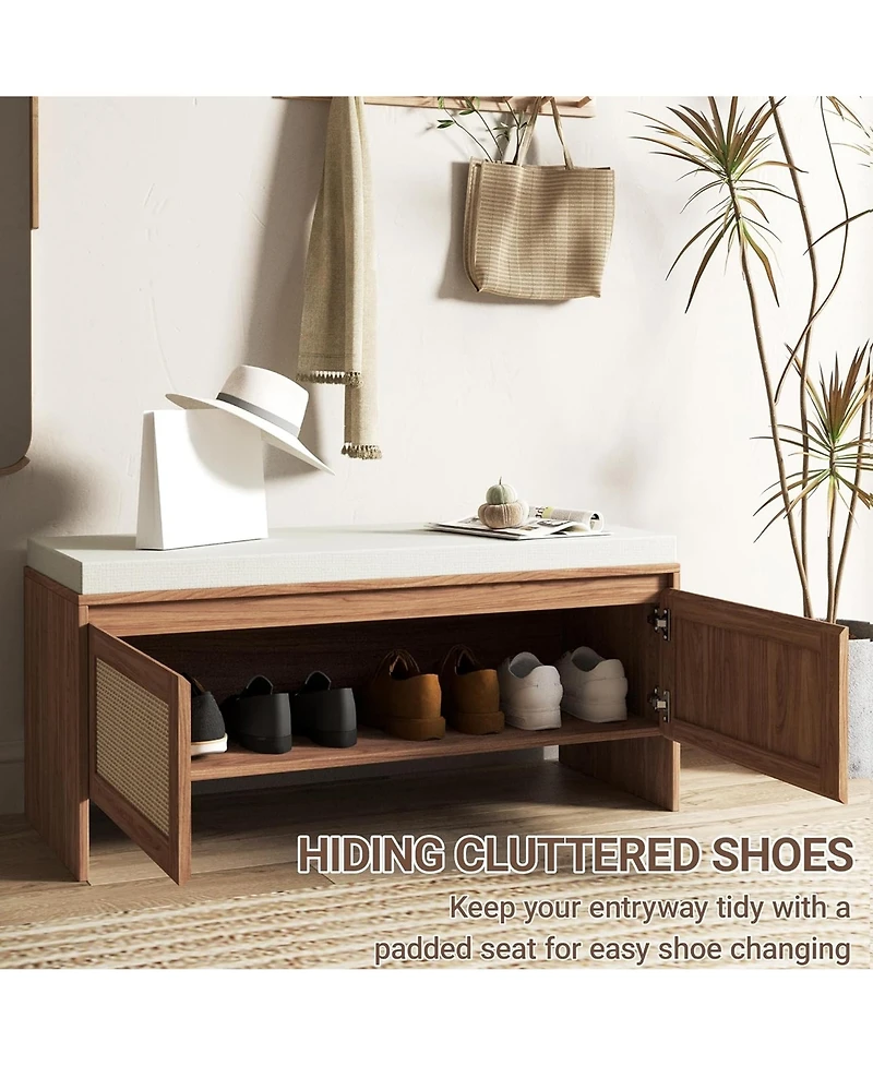 Rainsken Rattan Entryway Bench, Wooden Bench with Storage and Cushion Seating for Bedroom, Hallway