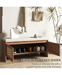 Rainsken Rattan Entryway Bench, Wooden Bench with Storage and Cushion Seating for Bedroom, Hallway