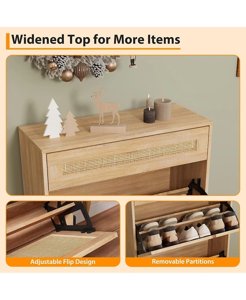 gaomon Rattan Shoe Cabinet with 3 Flip Doors and Drawer Freestanding Shoe Organizer with Adjustable Shelves