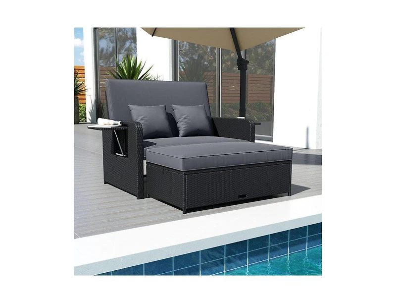 Slickblue Outdoor Wicker Daybed with Adjustable Backrest and Storage Ottoman
