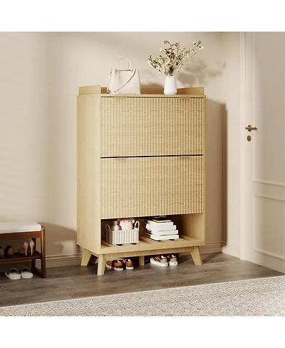 gaomon Fluted Shoe Storage Cabinet for Entryway with 2 Flip Drawers and Adjustable Shelves 48 inch Tall Freestanding Narrow Wood Shoe