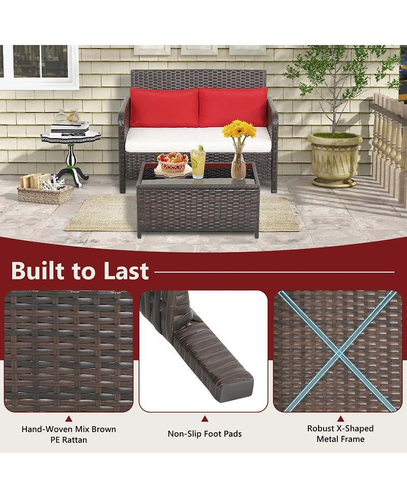 Gymax 2PCS Patio Pe Wicker Rattan Loveseat Sofa Set w/ Coffee Table & Cushions