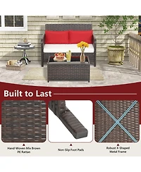 Gymax 2PCS Patio Pe Wicker Rattan Loveseat Sofa Set w/ Coffee Table & Cushions