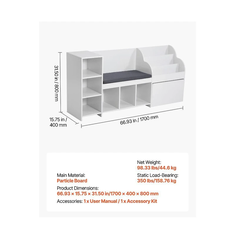 Slickblue Wooden Kids Storage Bench with Bookshelf and Toy Box