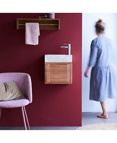 Tikamoon Basic Teak and Marble Bathroom Vanity Cabinet Cream