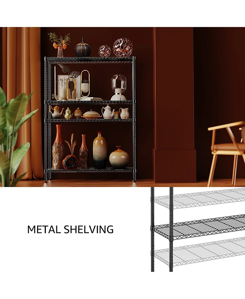 Rainsken 4- Tier Metal Storage Shelves, Adjustable Wire Shelving Rack for Garage, Basement, Warehouse, 1400 Lbs Capacity