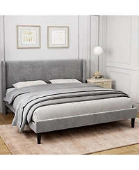 King Bed Frame Wingback Headboard Vertical Stripe Velvet 2 Storage Pockets Wood Slats Easy Assembly Light Grey
