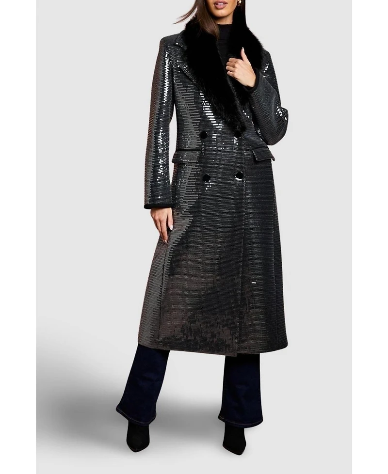 Coast Women's Faux Fur Collar Sequin Longline Coat
