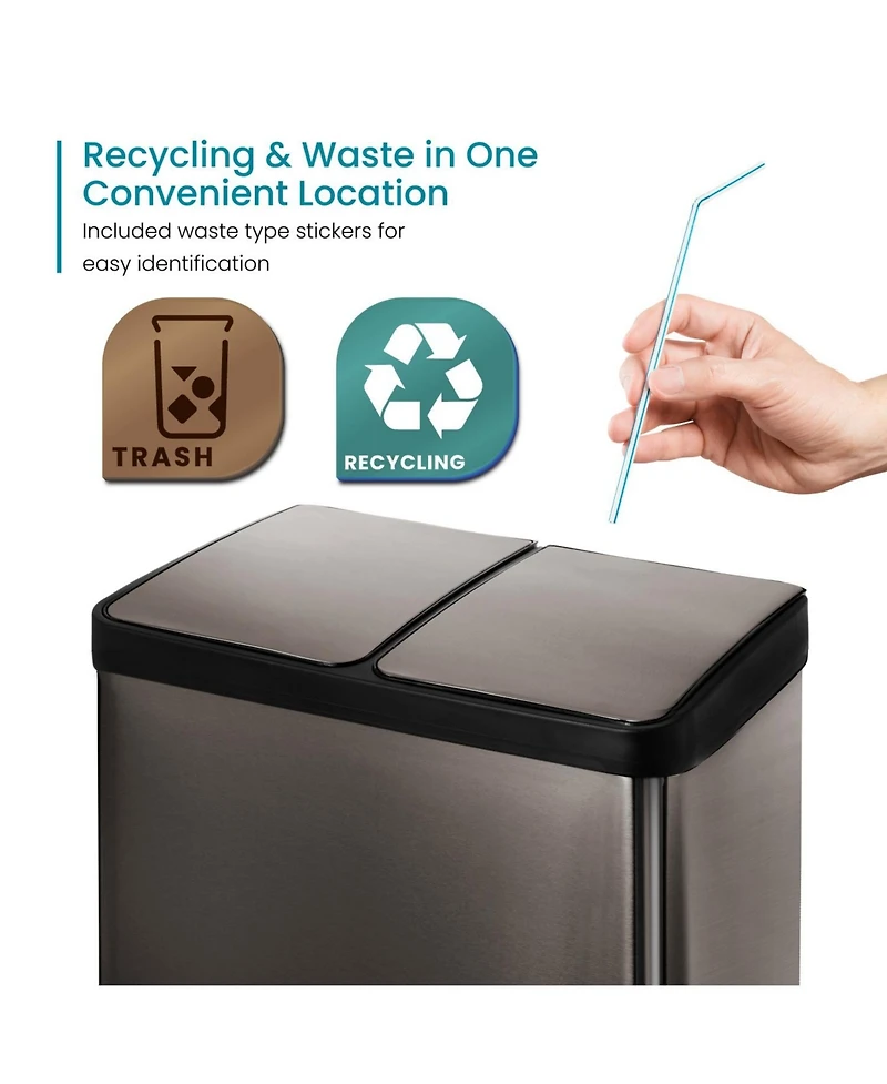 Home Zone Living 16 Gallon Dual Trash and Recycling Can with Removable Liners and Soft Close Lids, Stainless Steel