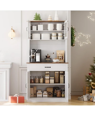 gaomon Kitchen Pantry Cabinet with Microwave Stand 4 Doors Adjustable Shelves 71 Inch High